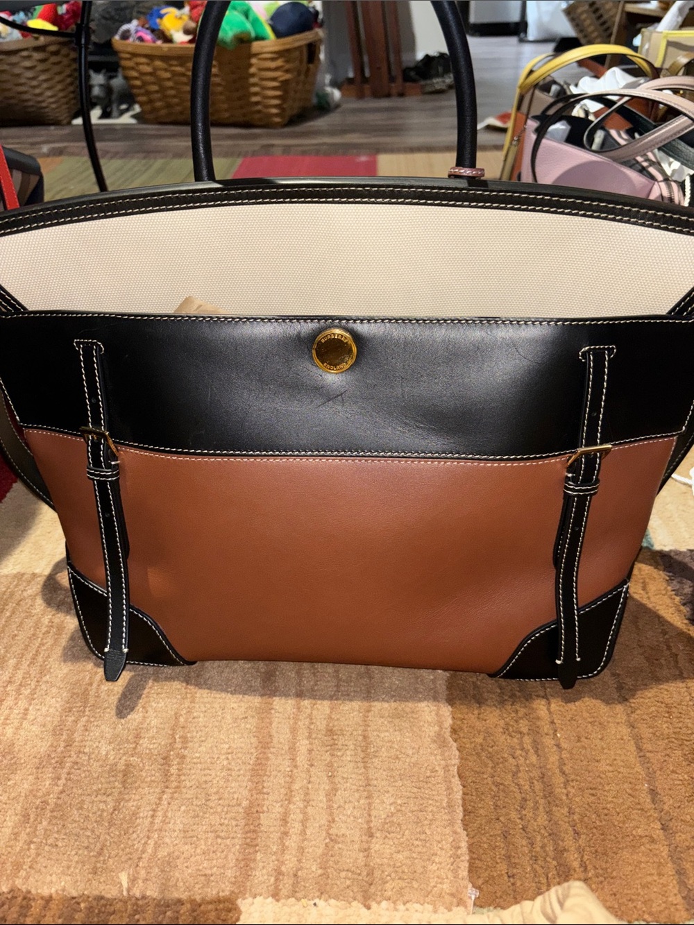 Burberry Leather Tote Bag in Brown, Black and Cream
